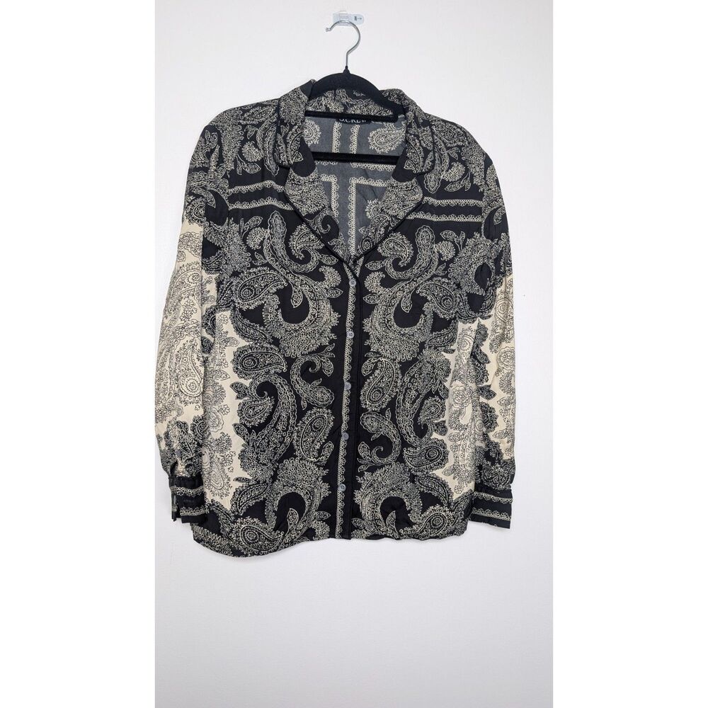 J.Crew Paisley Scarf Print Drapey Camp Collar Shirt M Boho Chic Black Cream - Picture 10 of 12